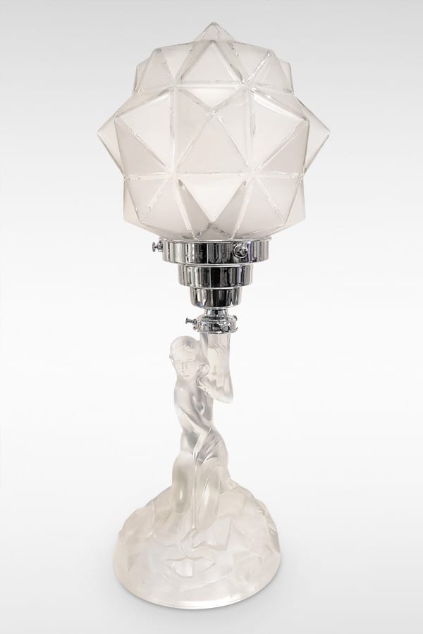 Art Deco Glass Figurine Table Lamp with Starburst Shade thedesigngallery