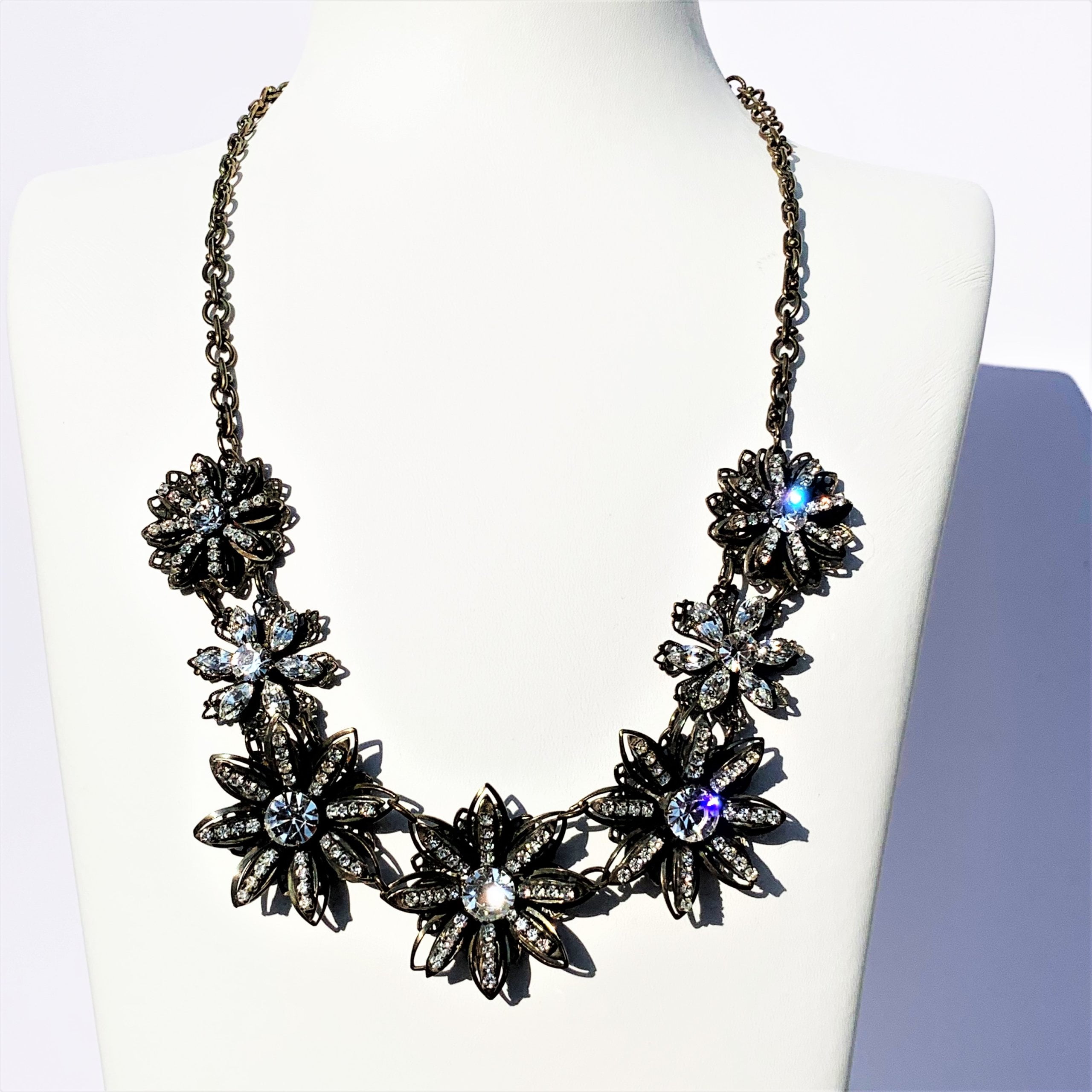 diamante flower necklace with a brass chain