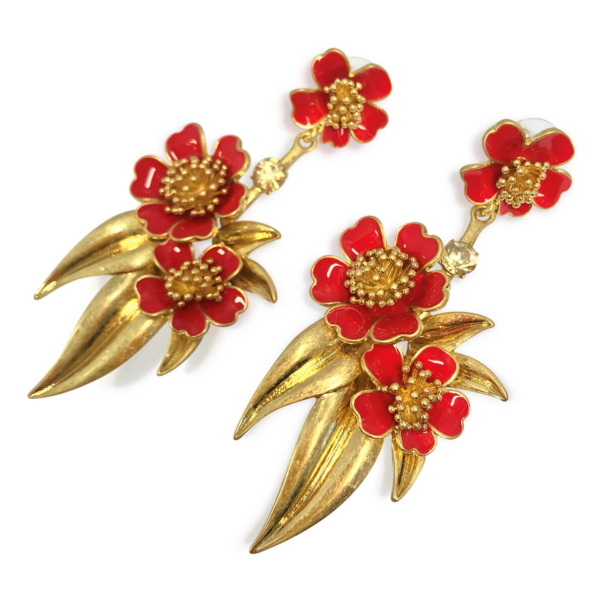 Red floral pierced earrings by Oscar de la Renta