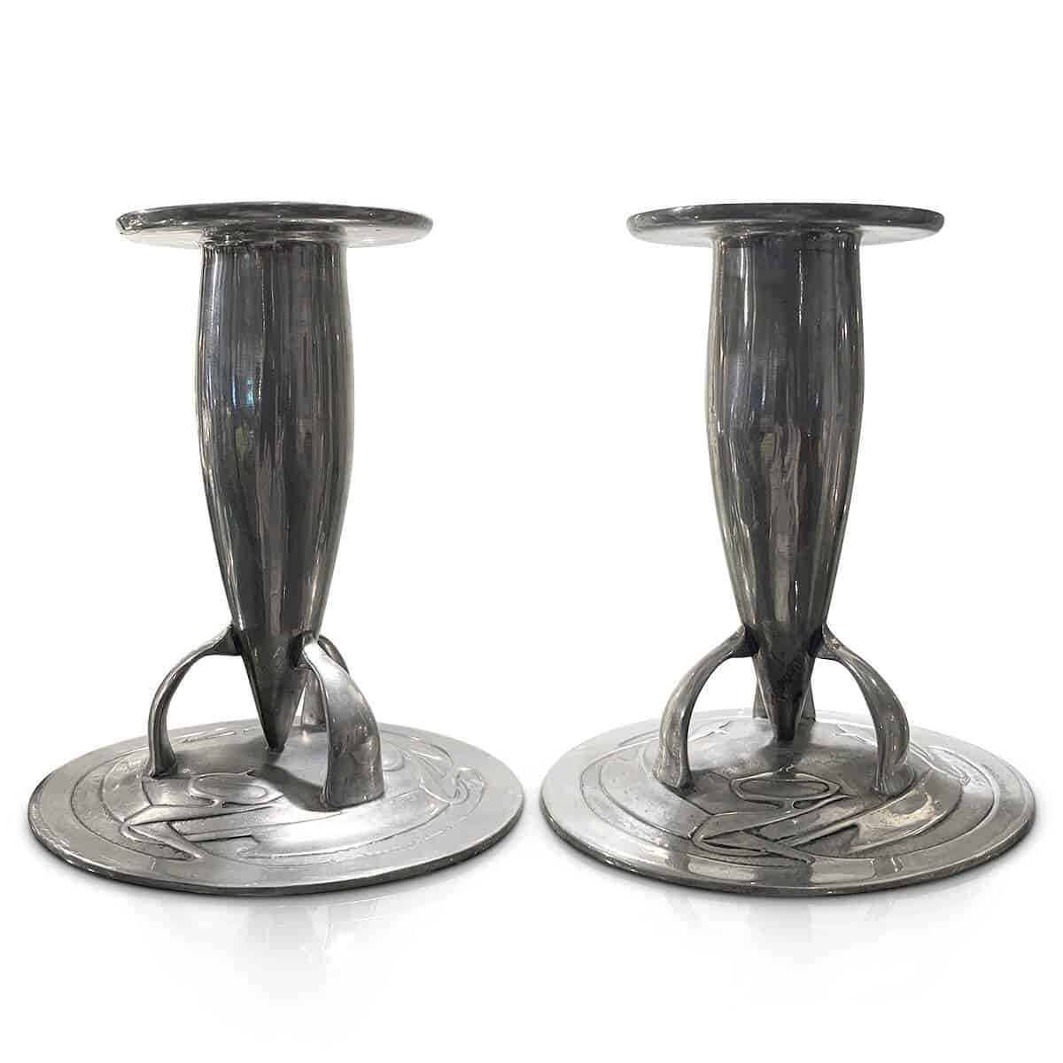 Archibald Knox Arts and Crafts Movement pewter Liberty Candlesticks