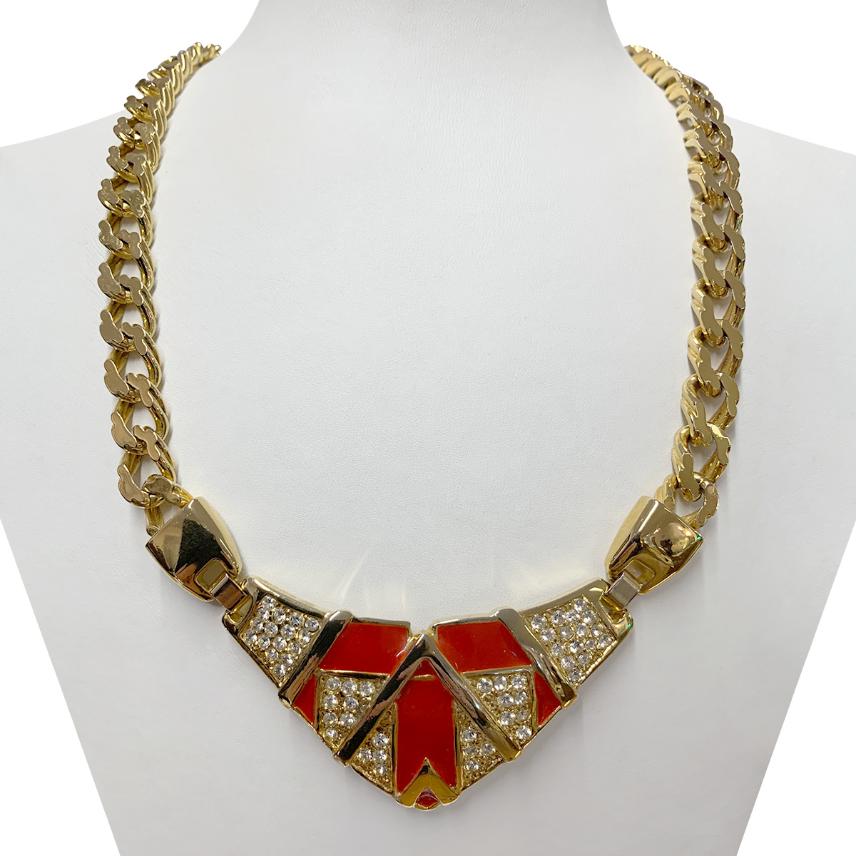 Red and Diamante 1980s Art Deco Style Necklace